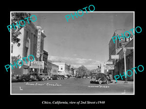 OLD LARGE HISTORIC PHOTO CHICO CALIFORNIA, VIEW OF 2nd STREET & THEATER c1940