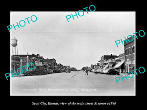 OLD LARGE HISTORIC PHOTO OF SCOTT CITY KANSAS, THE MAIN STREET & STORES c1940