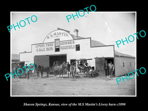 OLD LARGE HISTORIC PHOTO OF SHARON SPRINGS KANSAS, THE HORSE LIVERY BARN c1890