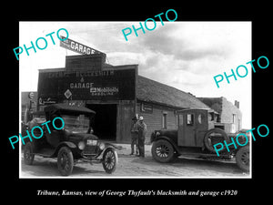 OLD LARGE HISTORIC PHOTO OF TRIBUNE KANSAS, THE BLACKSMITH & MOTOR GARAGE c1920