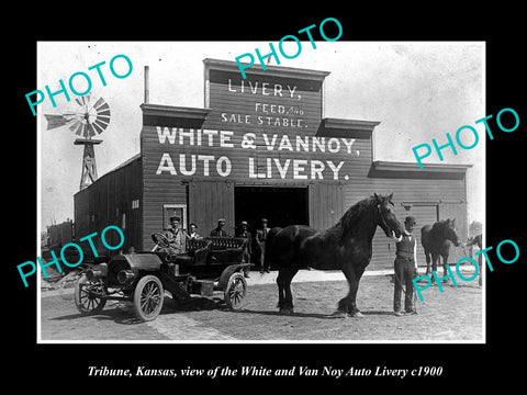 OLD LARGE HISTORIC PHOTO OF TRIBUNE KANSAS, THE VANNOY HORSE STABLE c1900