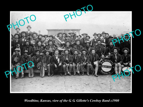 OLD LARGE HISTORIC PHOTO OF WOODBINE KANSAS, THE GILLETTE COWBOY BAND c1900