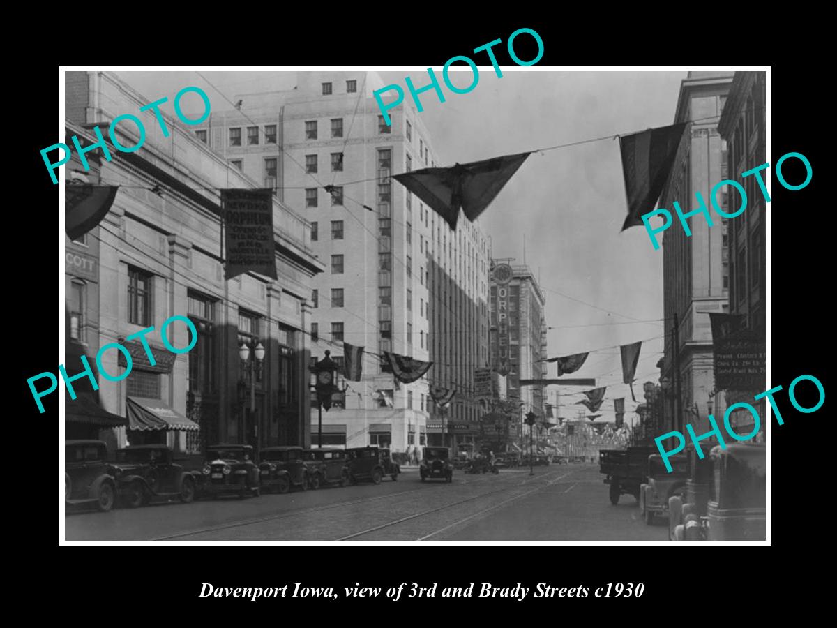 OLD LARGE HISTORIC PHOTO DAVENPORT IOWA, VIEW OF 3rd & BRADY STREETS c1930