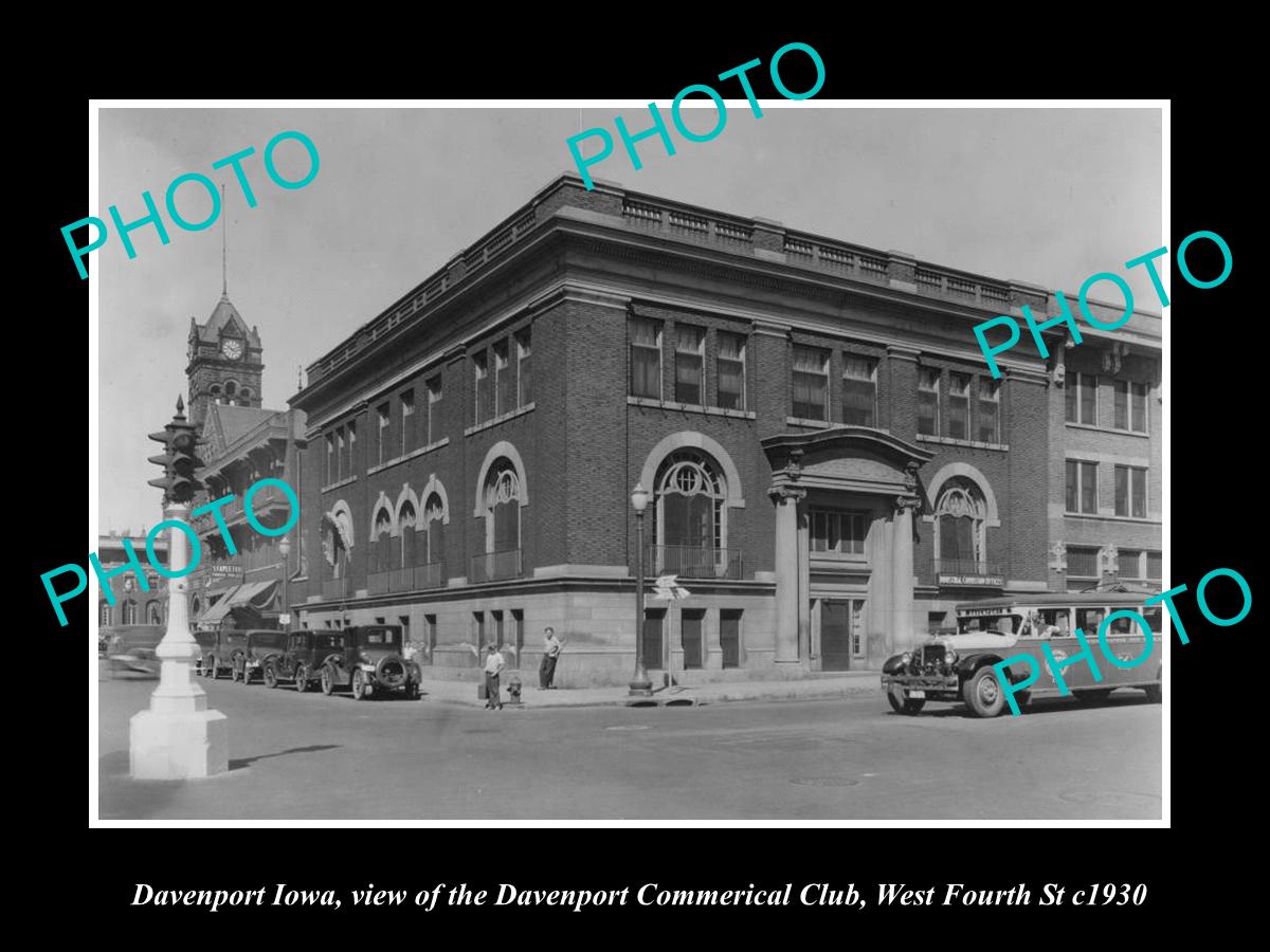 OLD LARGE HISTORIC PHOTO DAVENPORT IOWA, VIEW OF THE COMMERCIAL CLUB c1930