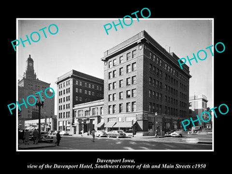 OLD LARGE HISTORIC PHOTO DAVENPORT IOWA, VIEW OF THE DAVENPORT HOTEL c1950