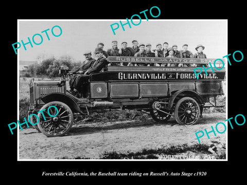 OLD LARGE HISTORIC PHOTO OF FORESTVILLE CALIFORNIA, THE BASEBALL TEAM RIDE c1920