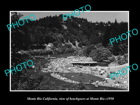 OLD LARGE HISTORIC PHOTO OF MONTE RIO CALIFORNIA, BEACHGOERS AT THE RIVER c1950