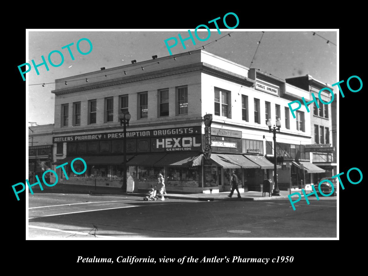 OLD LARGE HISTORIC PHOTO OF PETALUMA CALIFORNIA, THE ANTLERS PHARMACY STORE 1950