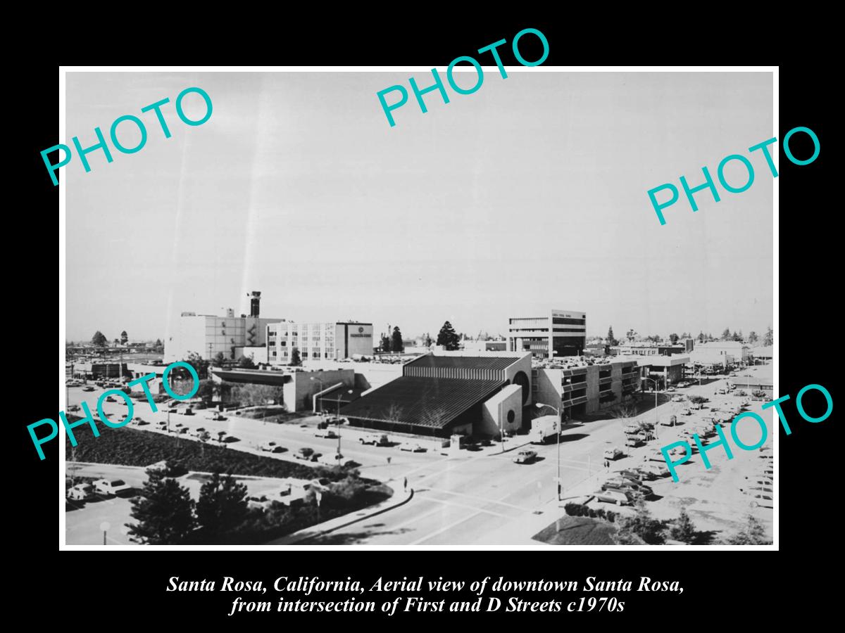 OLD LARGE HISTORIC PHOTO OF SANTA ROSA CALIFORNIA, AERIAL VIEW OF DOWNTOWN c1970