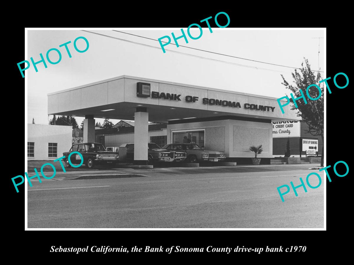 OLD LARGE HISTORIC PHOTO OF SEBASTOPOL CALIFORNIA, THE SONOMA COUNTY BANK c1970