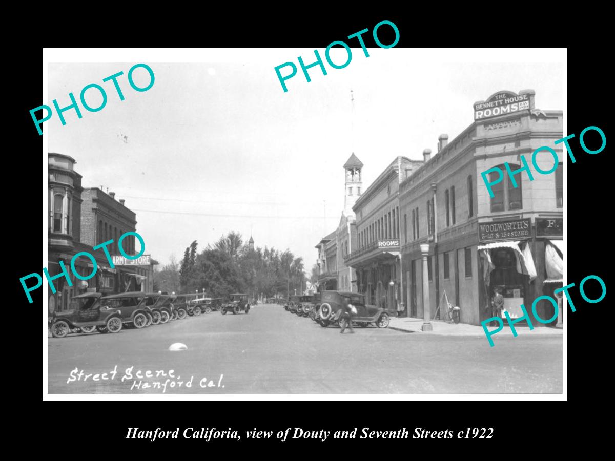 OLD LARGE HISTORIC PHOTO HANFORD CALIFORNIA, VIEW OF DOUTY & 7th STREET c1922