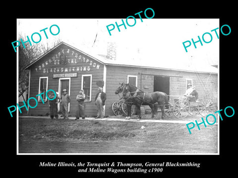 OLD LARGE HISTORIC PHOTO MOLINE ILLINOIS, THE BLACKSMITH & WAGON STORE c1900