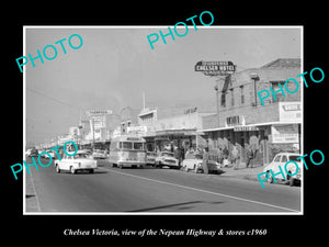 OLD LARGE HISTORIC PHOTO OF CHELSEA VICTORIA, VIEW OF NEPEAN HWY & STORES c1960