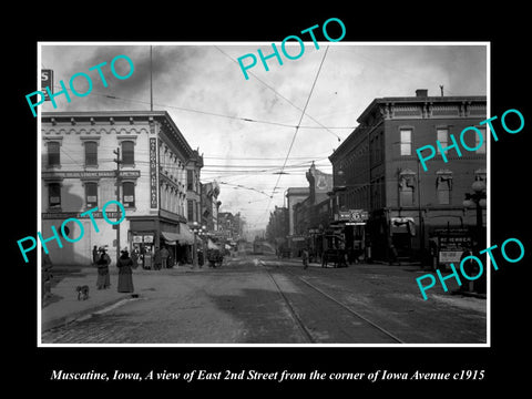 OLD LARGE HISTORIC PHOTO MUSCATINE IOWA, VIEW OF 2nd St & IOWA ave c1915