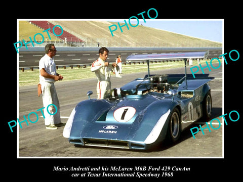 OLD LARGE HISTORIC PHOTO OF MARIO ANDRETTI & HIS McLAREN M6B TEXAS SPEEDWAY 1968