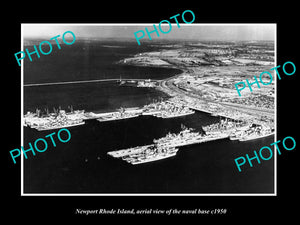 OLD LARGE HISTORIC PHOTO OF NEWPORT RHODE ISLAND, AERIAL VIEW OF NAVAL BASE 1950