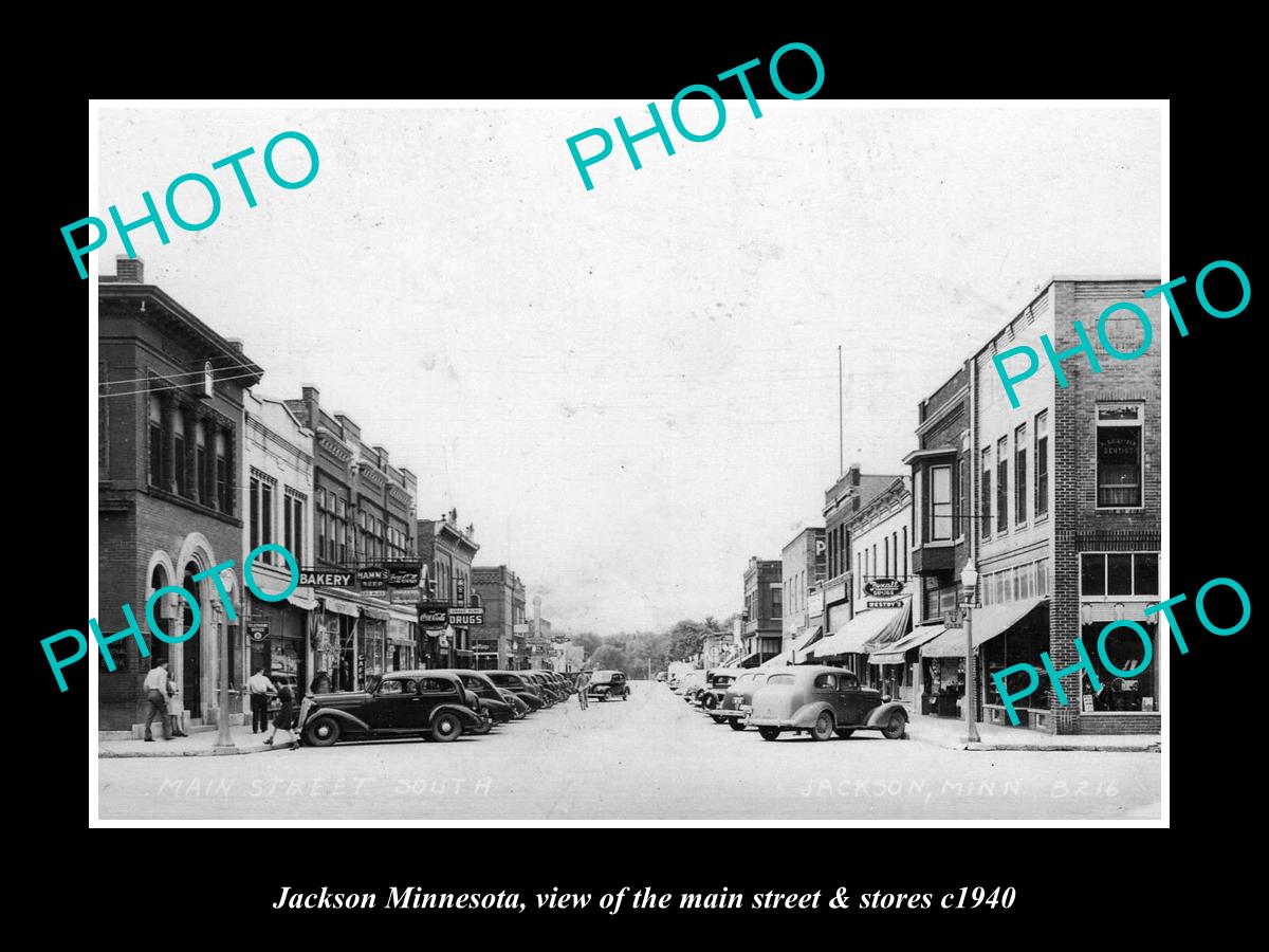 OLD LARGE HISTORIC PHOTO OF JACKSON MINNESOTA, THE MAIN STREET & STORES c1940