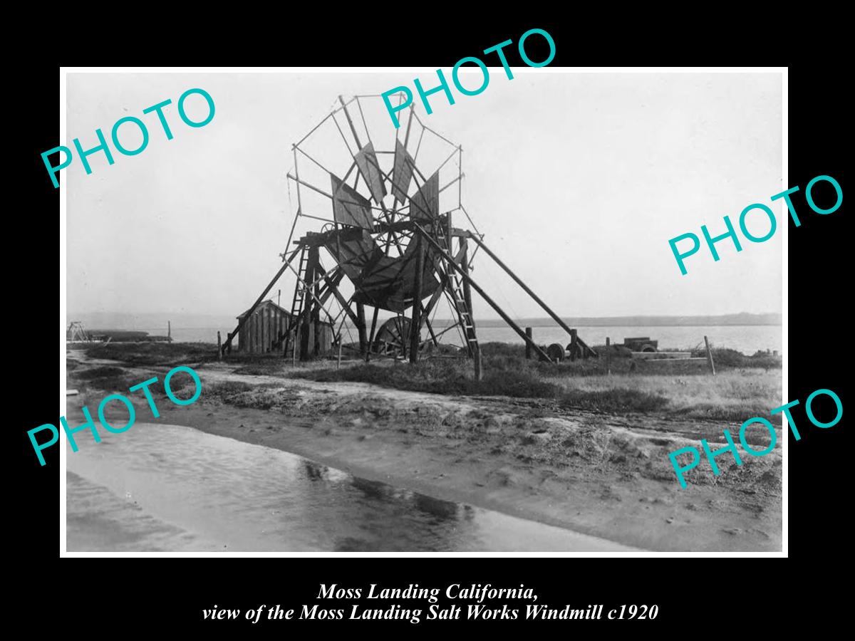 OLD LARGE HISTORIC PHOTO OF MOSS LANDING CALIFORNIA, SALT WORKS WINDMILL c1920