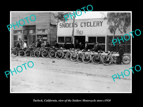 OLD LARGE HISTORIC PHOTO OF TURLOCK CALIFORNIA, SNIDERS MOTORCYCLE STORE c1920