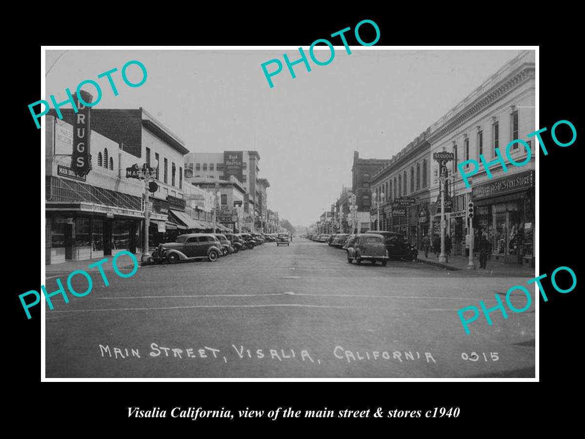 OLD LARGE HISTORIC PHOTO OF VISALIA CALIFORNIA, THE MAIN STREET & STORES c1940