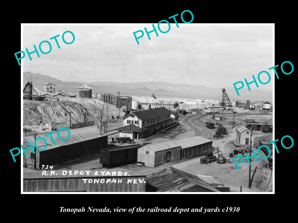 OLD LARGE HISTORIC PHOTO OF TONOPAH NEVADA, VIEW OF RAIL DEPOT & YARDS c1930