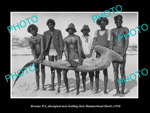 OLD LARGE HISTORIC PHOTO OF BROOME WEST AUSTRALIA, ABORIGINAL MEN & SHARK c1930