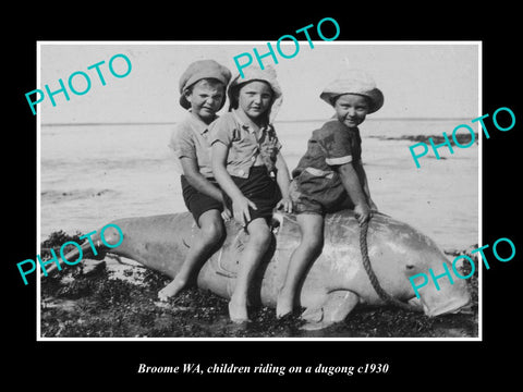 OLD LARGE HISTORIC PHOTO OF BROOME WEST AUSTRALIA, CHILDREN RIDING A DUGONG 1930