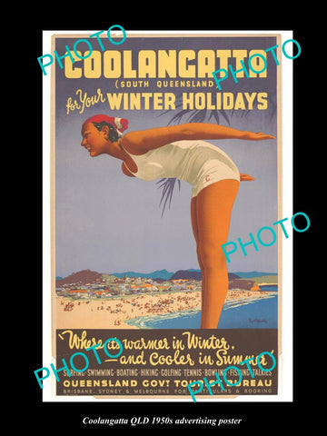 OLD LARGE HISTORIC PHOTO OF COOLANGATTA QUEENSLAND, 1950s TOURISM POSTER