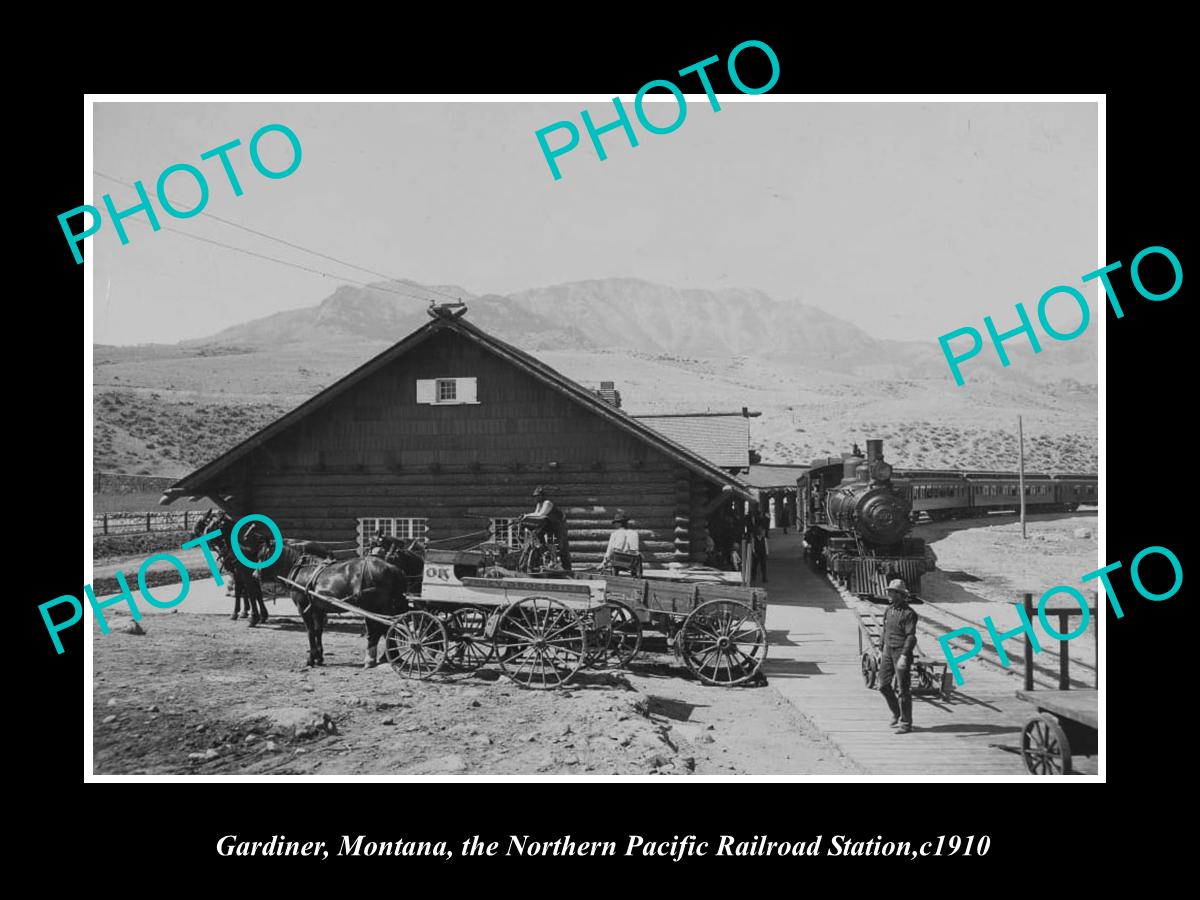 OLD LARGE HISTORIC PHOTO OF GARDINER MONTANA, THE RAILROAD DEPOT STATION c1910