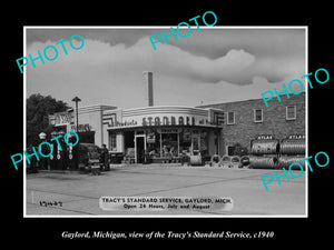 OLD LARGE HISTORIC PHOTO OF GAYLORD MICHIGAN, THE STANDARD OIL GAS STATION c1940