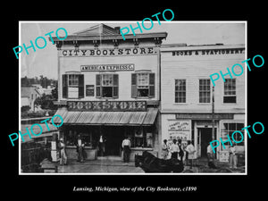 OLD LARGE HISTORIC PHOTO OF LANSING MICHIGAN, VIEW OF THE CITY BOOKSTORE c1890