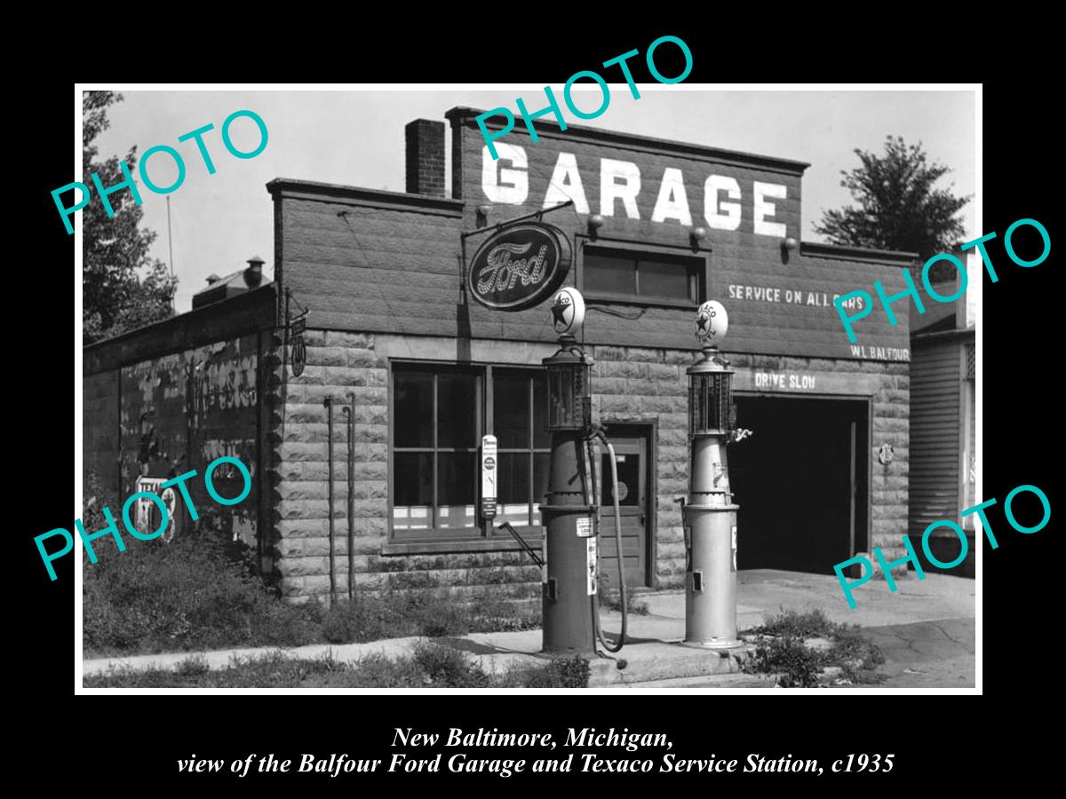 OLD LARGE HISTORIC PHOTO OF NEW BALTIMORE MICHIGAN, THE FORD MOTOR GARAGE c1935