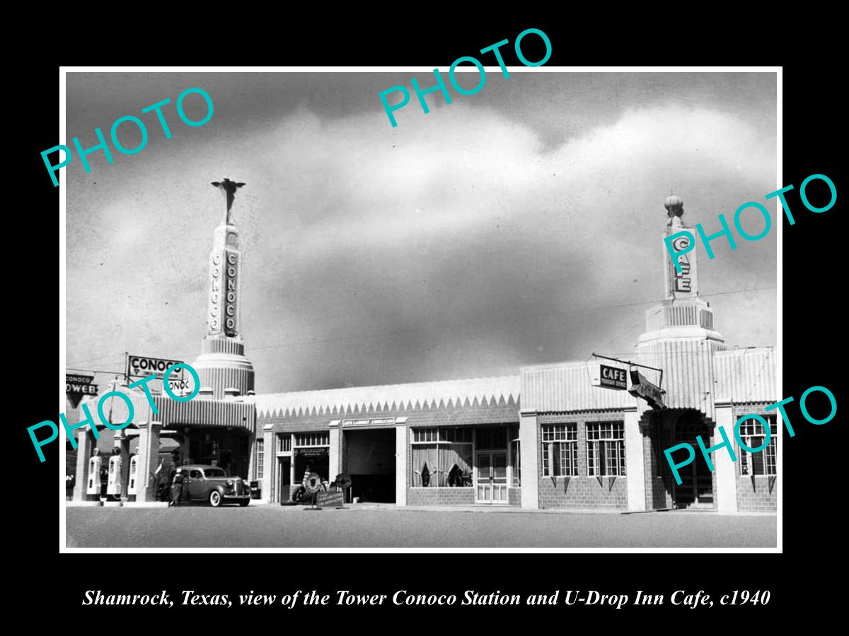 OLD LARGE HISTORIC PHOTO OF SHAMROCK TEXAS, THE CONOCO GAS STATION c1940