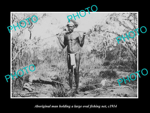 OLD LARGE HISTORIC PHOTO OF ABORIGINAL MAN WITH A FISHING NET c1914