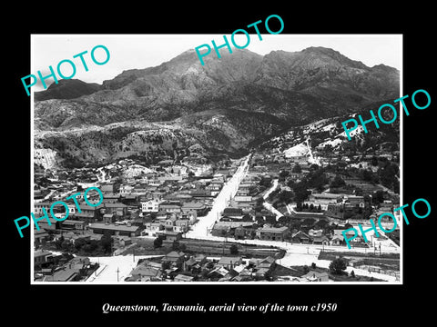 OLD LARGE HISTORIC PHOTO OF QUEENSTOWN TASMANIA, AERIAL VIEW OF THE TOWN c1950