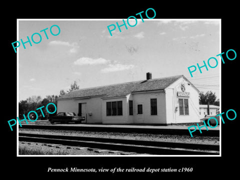 OLD LARGE HISTORIC PHOTO OF PENNOCK MINNESOTA, THE RAILROAD DEPOT STATION c1960