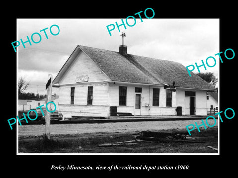 OLD LARGE HISTORIC PHOTO OF PERLEY MINNESOTA, THE RAILROAD DEPOT STATION c1960