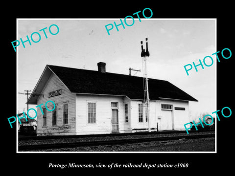 OLD LARGE HISTORIC PHOTO OF PORTAGE MINNESOTA, THE RAILROAD DEPOT STATION c1960