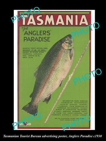 OLD LARGE HISTORIC PHOTO TASMANIA TOURISM POSTER, ANGLERS PARADISE c1930