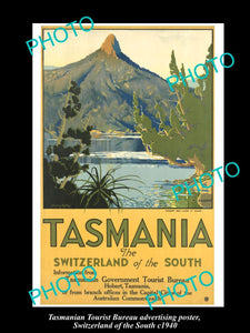 OLD LARGE HISTORIC PHOTO TASMANIA TOURISM POSTER, SWITZERLAND OF THE SOUTH c1940