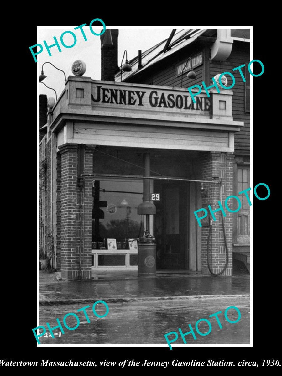 OLD LARGE HISTORIC PHOTO WATERTOWN MASSACHUSETTS, THE JENNEY GAS STATION c1930