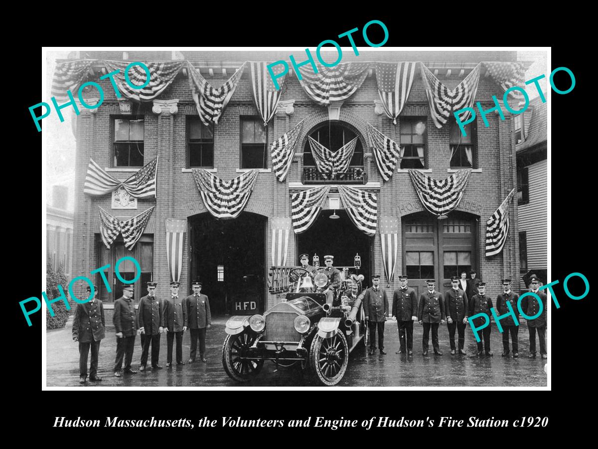 OLD LARGE HISTORIC PHOTO OF HUDSON MASSACHUSETTS, THE FIRE DEPT STATION c1920