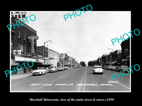 OLD LARGE HISTORIC PHOTO OF MARSHALL MINNESOTA, THE MAIN STREET & STORES c1950