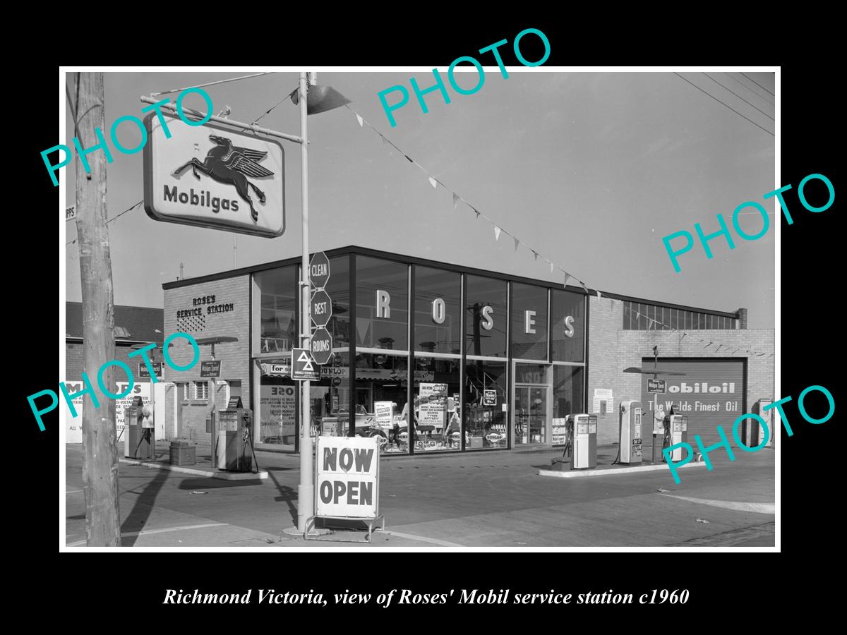 OLD LARGE HISTORIC PHOTO RICHMOND VICTORIA, ROSES MOBIL OIL SERVICE STATION 1960