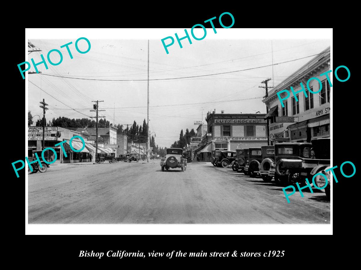 OLD LARGE HISTORIC PHOTO BISHOP CALIFORNIA, VIEW OF THE MAIN St & STOES c1925