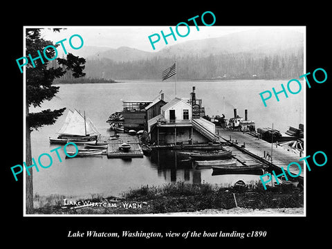 OLD LARGE HISTORIC PHOTO OF LAKE WHATCOM WASHINGTON, THE BOAT LANDING c1890