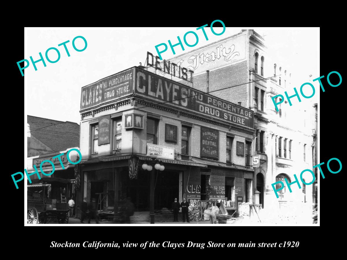 OLD LARGE HISTORIC PHOTO OF STOCKTON CALIFORNIA, THE CLAYES DRUG STORE c1920