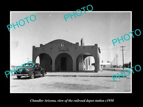 OLD LARGE HISTORIC PHOTO OF CHANDLER ARIZONA, THE RAILROAD DEPOT STATION c1950