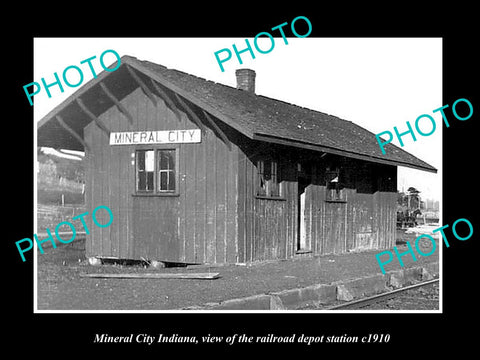 OLD LARGE HISTORIC PHOTO OF MINERAL CITY INDIANA, RAILROAD DEPOT STATION c1910