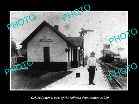 OLD LARGE HISTORIC PHOTO OF OCKLEY INDIANA, THE RAILROAD DEPOT STATION c1930